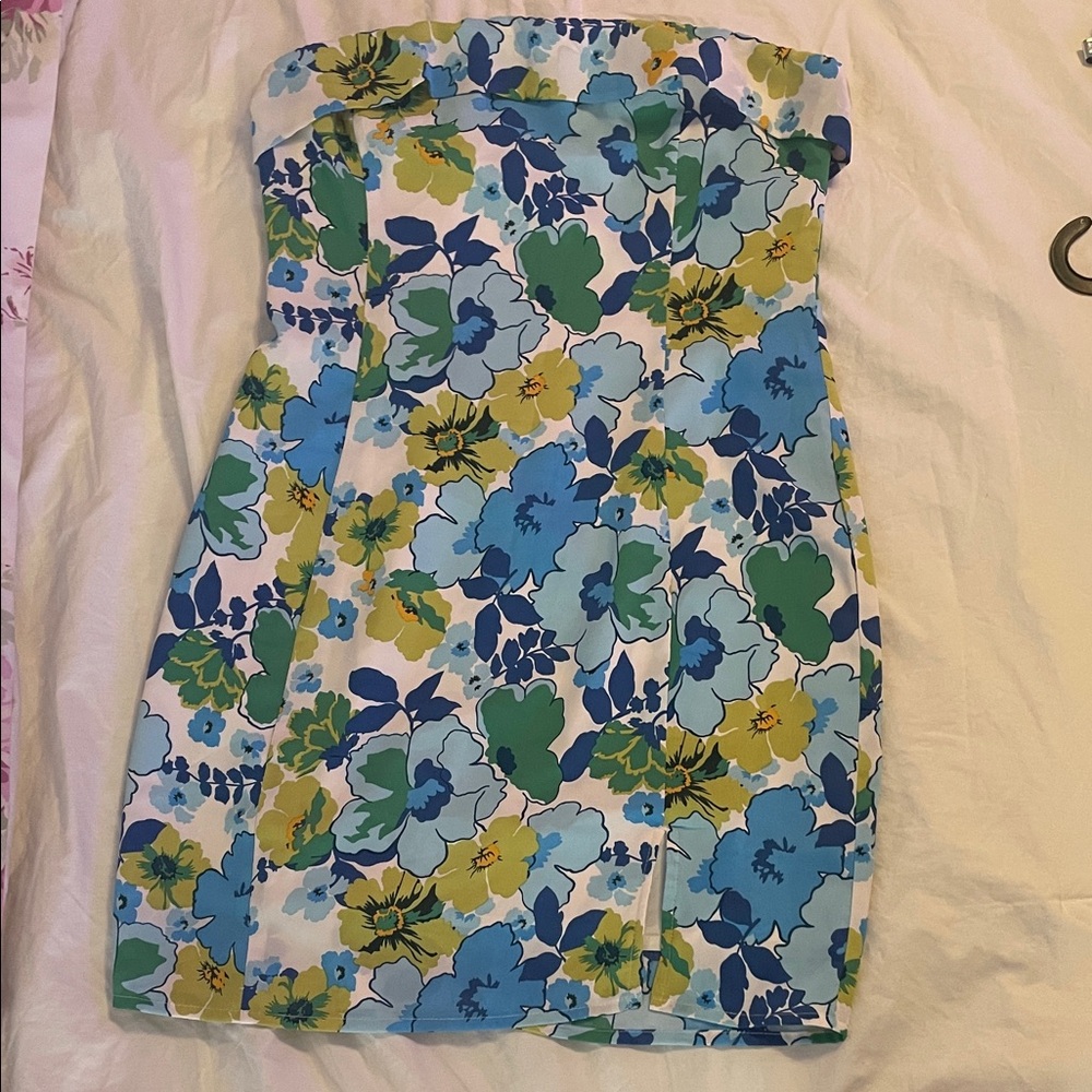 Princess Polly Strapless Floral Dress - Blue, Green, Yellow